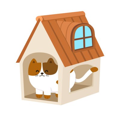 Beyaz arka planda kedi ve evin çizimi