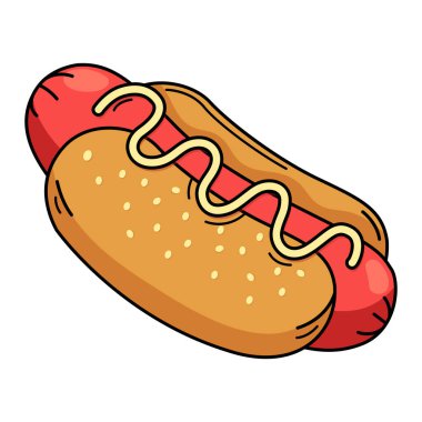 Arkaplan vektöründe hardal rengi beyaz çizgili sosisli sandviçin çizimi