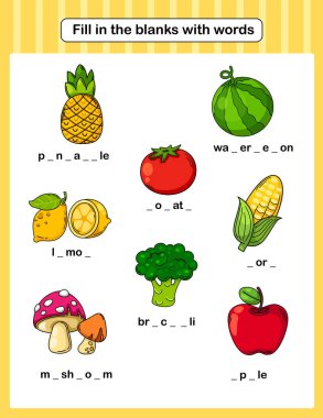 Fill in the blanks with words education worksheet for kids illustration vector