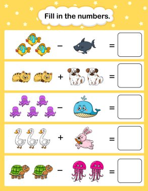 fill in the number education worksheet for kids illustration vector