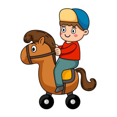 Oyuncak tahta ata binen şirin küçük çocuk.