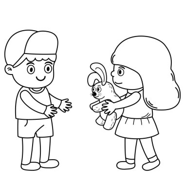 Kız çocuğu, erkek ana hatlı taşıyıcıya oyuncak bebek veriyor.