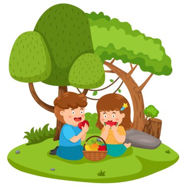Çizgi film karakteri çocuk ve kız parkta piknik yapıyor.