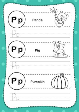 Renklendirme kitabı illüstrasyonu için karikatür kelime dağarcığıyla P harfi alıştırması, vektör