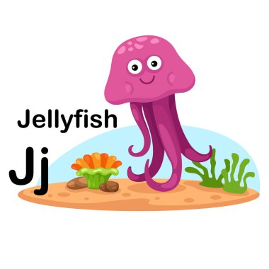 Alfabe Harfi J-Denizanası Çizgi film kelime çizimi, vektör