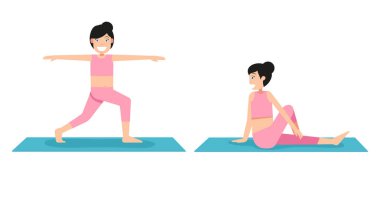 Yogadaki kız beyaz arka planda resim vektörü pozu veriyor