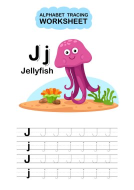 Çizim Ayrı Hayvanlar Alfabesini İzleme Çalışma Kağıdı Harfi J-Denizanası