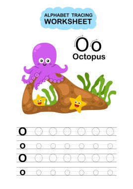 Görüntü Ayırma Hayvan Alfabesi İzleme Çalışma Kağıdı Harfi O-ahtapot