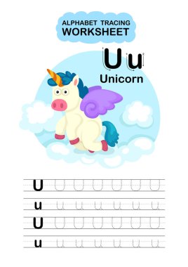 Görüntü Ayırma Hayvan Alfabesi İzleme Çalışma Kağıdı U-Unicorn