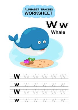 Görüntü Ayırma Hayvan Alfabesi İzleme Çalışma Kağıdı Harfleri W-Balina