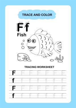 İllüstrasyon Ayrı Hayvanlar Alfabesi İz ve Renk Harfi F-Fish