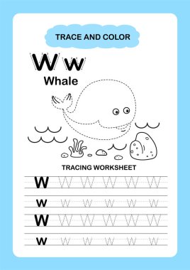 Resimler izole edilmiş hayvan alfabesi izi ve renk harfi W-Balina