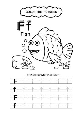 İllüstrasyon Ayrı Hayvanlar Alfabesi İz ve Renk Harfi F-Fish
