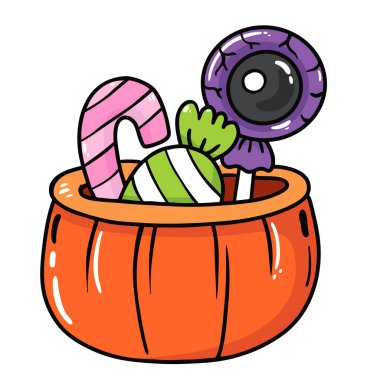 illustration halloween candy with basket hand drawn outline concept