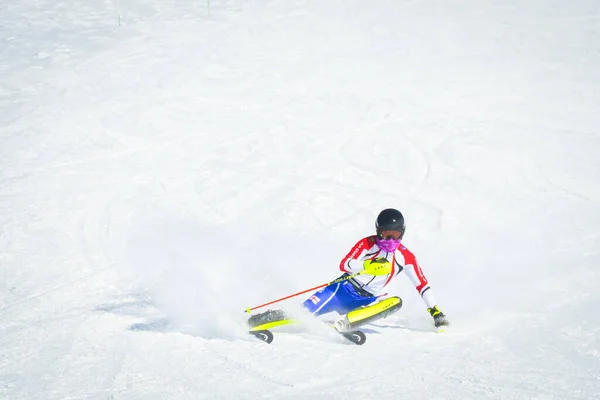 グドーリ ジョージア州 2022年3月15日 フルスピードスキーでのプロのスキー練習は ジョージア州のグドーリスキーリゾートでの競争のためのトレーニング中にスキーリゾートで彫刻を行う — ストック写真
