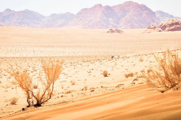 Wadi Rum Pustynny Krajobraz Linii 4Wd Pojazdów Jazdy Pustyni Doliny — Zdjęcie stockowe