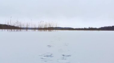 Donmuş göl manzarası. Buz gibi göl üzerinde balıkçı langırtları ve kırılgan yeni buzlar. Buzda ve buzda balık tutma tehlikesi. POV balıkçısı.