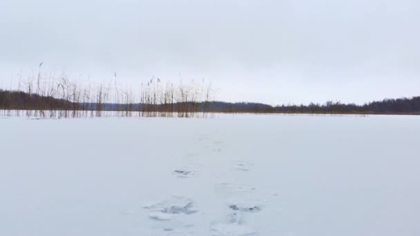氷の湖の上に漁師の足で美しい凍結湖のパノラマ脆弱な新しい氷 氷と氷の釣りの危険性 Pov漁師 — ストック動画