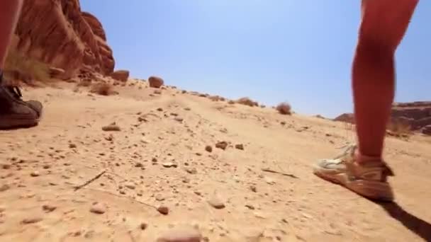 Point View Pov Two Hikers Walk Wadi Rum Valleys Extreme — Stock Video