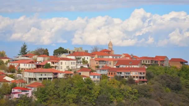 Sighnaghi Şehir Binalarının Panoramasını Ünlü Bakış Açısıyla Yakınlaştır Gürcistan Sonbaharda — Stok video