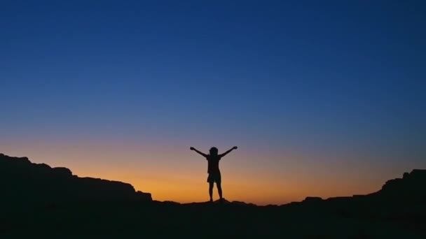 ハイキング旅行のトレッキング中に山頂の目標に達したことを祝うために上げられた腕で上昇した日没や日の出に成功した女性を祝う幸せ — ストック動画