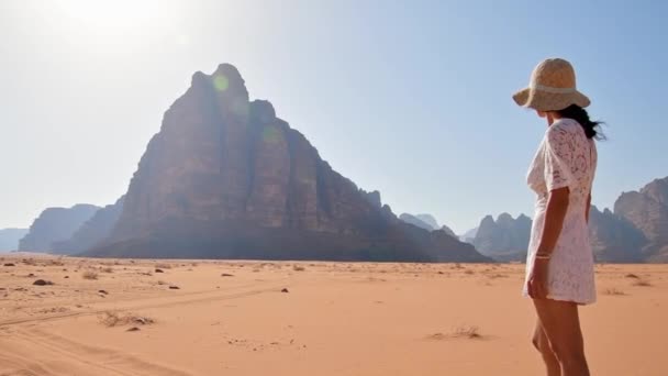 Woman Tourist Stand Cliff Viewpoint Enjoy Wadi Rum Panorama Sunrise — Stock Video
