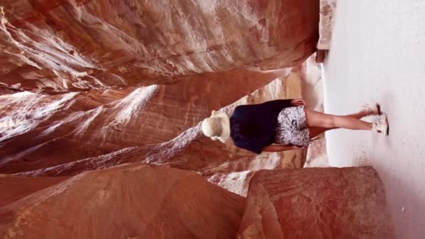 Vertical Banner Tourist Petra Walk Explore Siq Narrow Slot Canyon — Stock Video