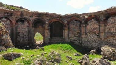 Aerial zoom in view Bana cathedral wall ruins . Famous georgian landmark in Turkey
