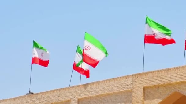 Many Iranian Flags Wave Wind Rooftop Building — Stock video