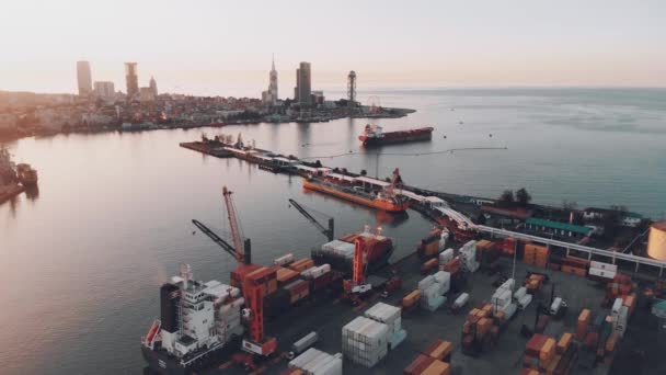 Batumi Georgien November 2021 Steigende Luftaufnahme Frachtschiff Der Hafenstadt Batumi — Stockvideo