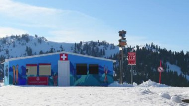 Goderdzi, Georgia - 29th january, 2023: mountain rescue center cabin in ski resort. Ski rescue service on ski resort slopes