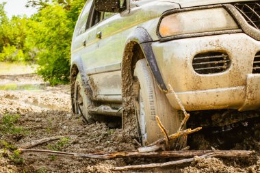 Close up view 4WD vehicle front wheel stuck in mud go backwards forwards use tree branch outdoors in wwt spring nature. Extreme road conditions summer after rain concept