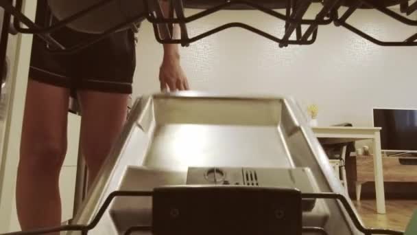 Attractive Woman Put Dirty Plates Dishwasher Housewife Taking Out Clean — Stock Video