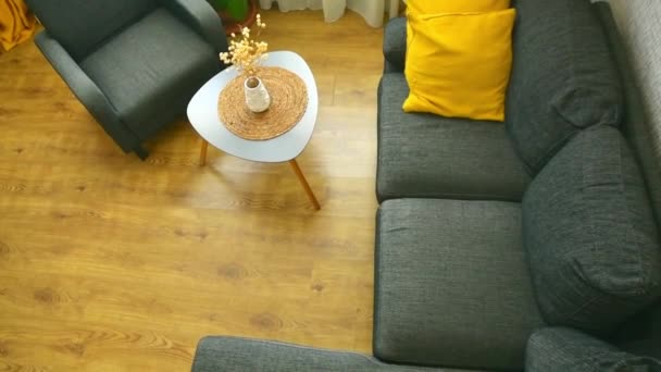 Cozy Apartment Living Room Sofa Yellow Pillows Stylish Table Window — Vídeos de Stock