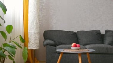 Cozy apartment living room with sofa and yellow pillows and stylish table, window with bright day light outside in winter