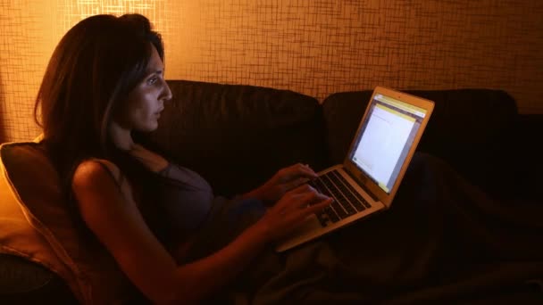 Woman Using Laptop Checking Write Email Online Blog Sitting Sofa — Wideo stockowe