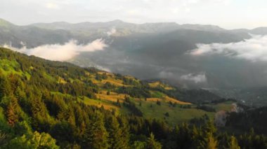 Aerial pan view stunning green landscape of caucasus mountains in Adjara region border to Turkey