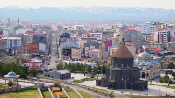 Aerial Panning View Kars Mosque City Panorama Eastern Turkiye — Stockvideo