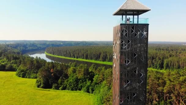 Descending View Tourists Standing Top Birstonas Observation Tower Highest Tower — Stockvideo
