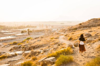 Tourist walk to Persepolis ancient - persian city in south Iran. Famous travel destination in middle east