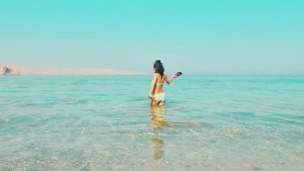 Young Carefree Caucasian Woman Tourist Enjoy Have Fun Turquoise Beach — Stock Video