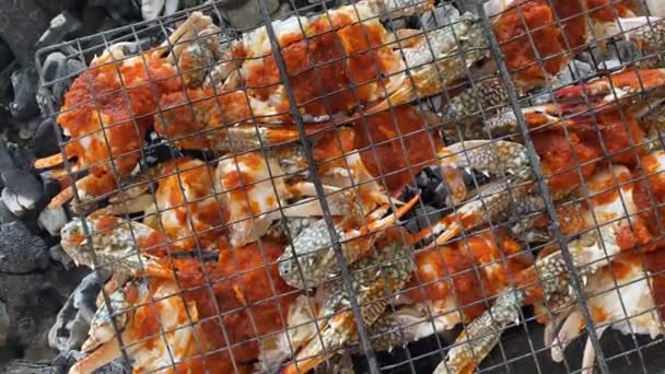 Top View Fresh Crabs Cooked Bbq Grill Using Coil Gurman — Stock Video