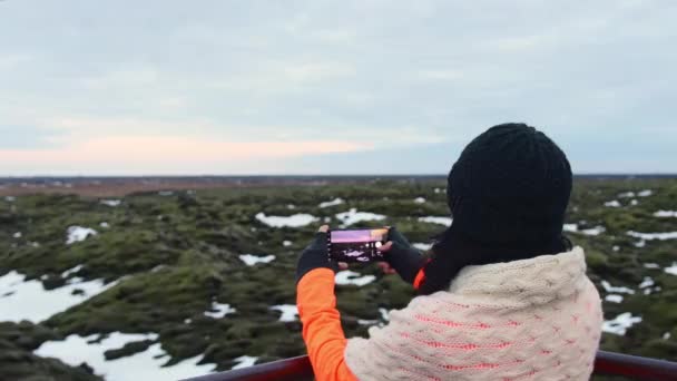 Touristinnen Stehen Auf Aussichtspunkten Und Fotografieren Island Urlaub Lavafelder Mit — Stockvideo