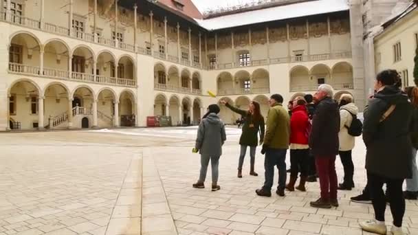 克拉科夫 2023年3月6日 带领旅游团在克拉科夫瓦维尔皇家城堡院子里游览 与当地人一起免费旅游 新城市的独特经验 — 图库视频影像