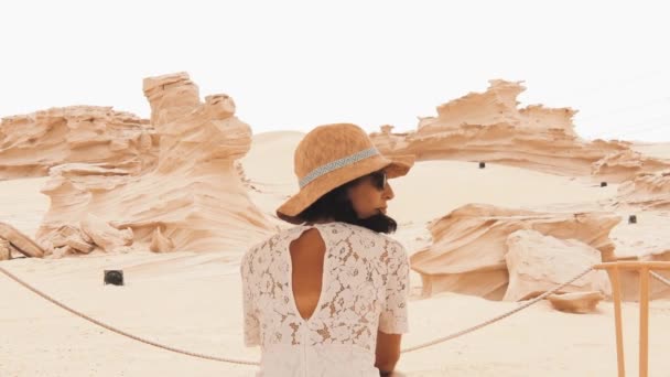 Ampliar Imagen Cinematográfica Visitas Turísticas Femeninas Sientan Observan Fossil Dunes — Vídeo de stock