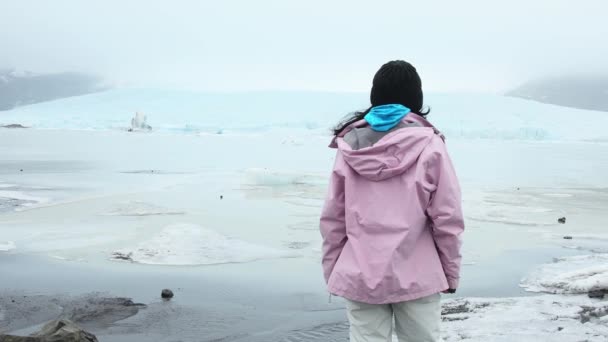 冰岛一位女游客站在美丽的Fjallsjokull冰河边 启发性旅行探索冰岛度假概念 — 图库视频影像
