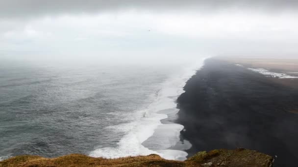 Пасмурный День Мыса Дирхолей Вик Южная Исландия Открывается Потрясающая Панорама — стоковое видео