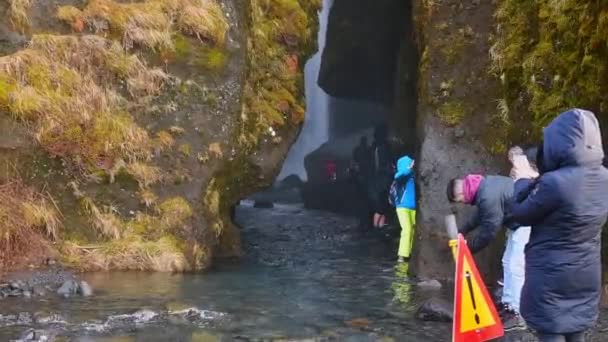 Gljufrabui Iceland 15Th March 2023 Tourist Reach Wet Conditions Gljurfrabui — Stock Video