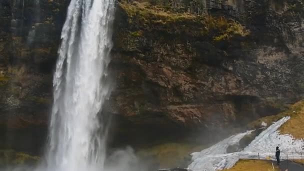 Туристи Відвідують Чудовий Приголомшливий Водоспад Сельяландсфосс Ісландії Ніяких Подорожей Поза — стокове відео