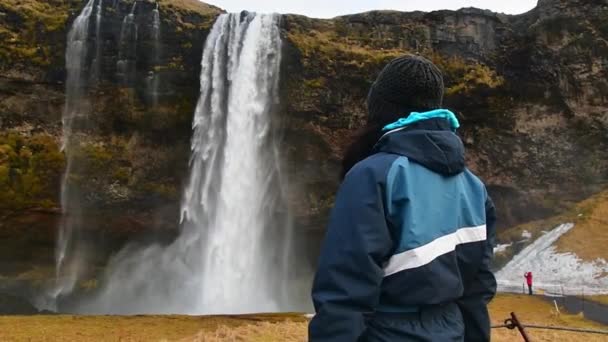 Kvinna Turist Blå Jacka Stå Vid Berömda Resmål Seljalandsfoss Vattenfall — Stockvideo